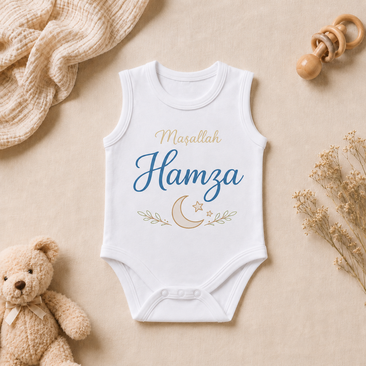 Hamza İsim Baskılı Kolsuz Bebek Zıbını