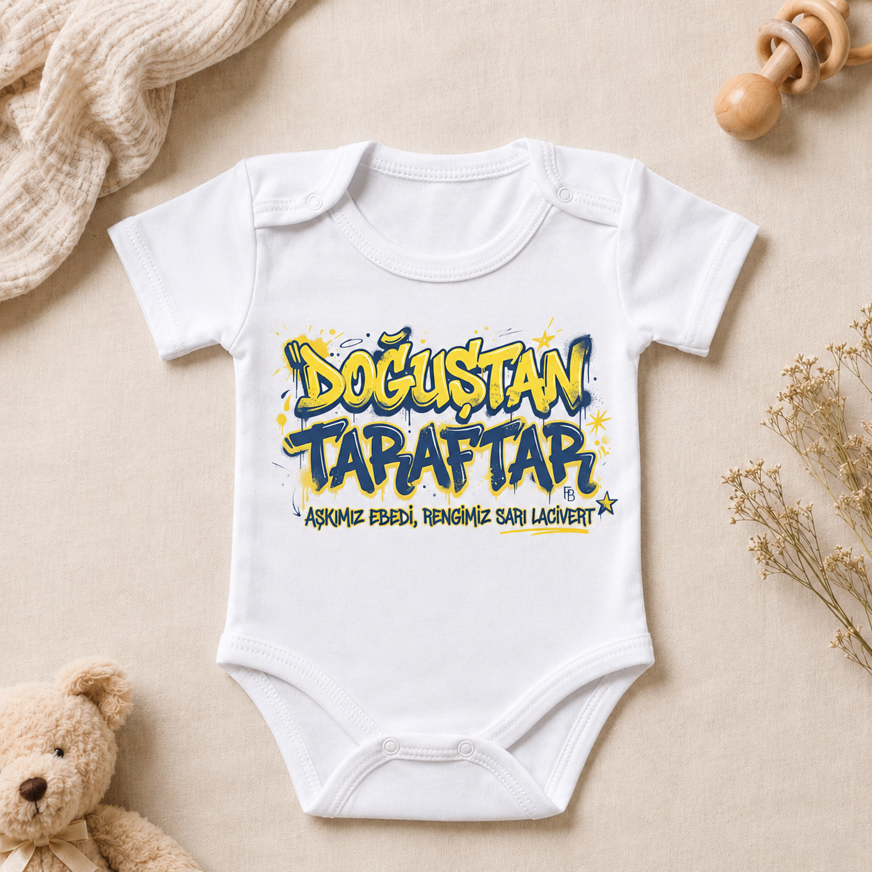 Sarı-Lacivert Doğuştan Taraftar Baskılı Kısa Kollu Bebek Zıbını