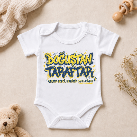 Sarı-Lacivert Doğuştan Taraftar Baskılı Kısa Kollu Bebek Zıbını