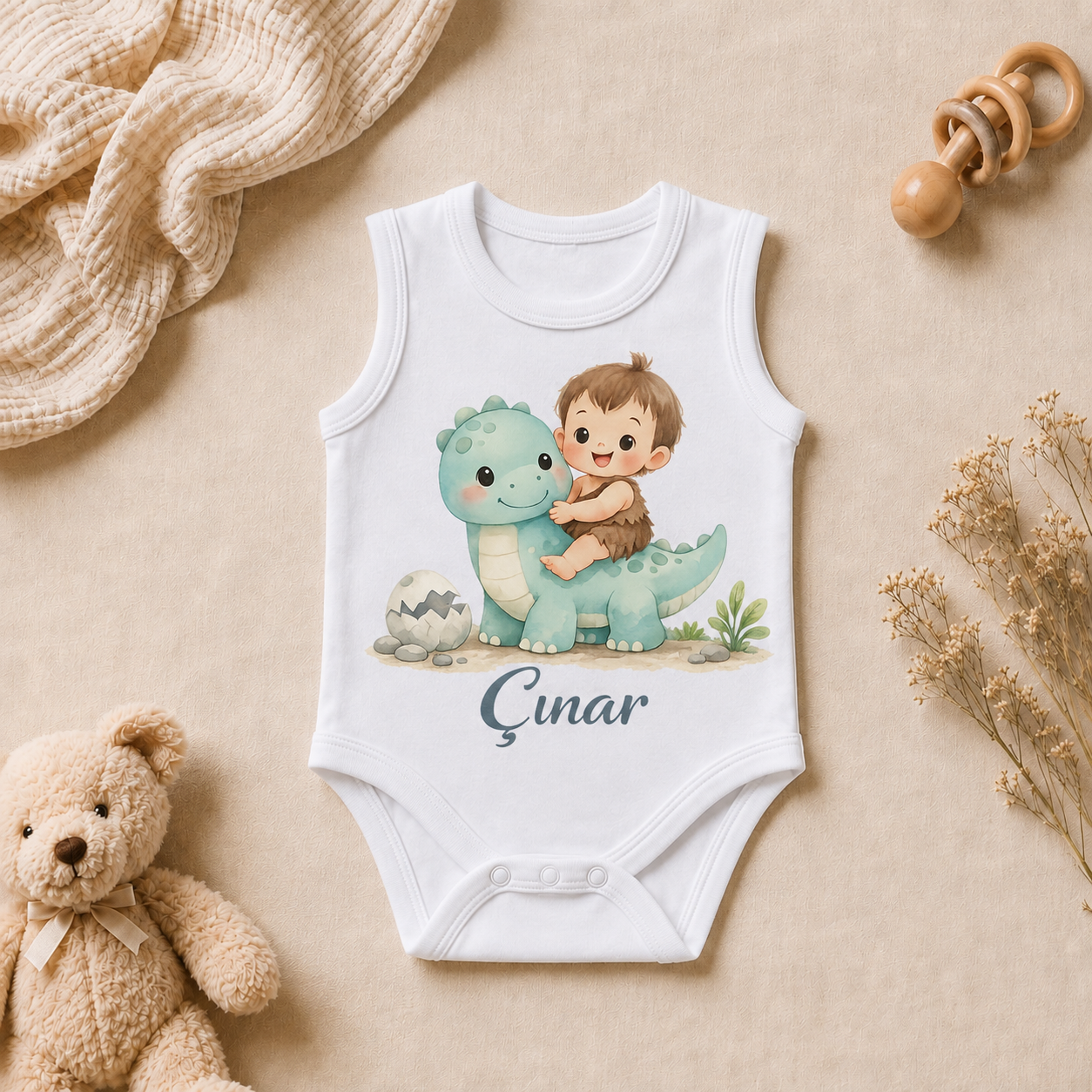 Çınar İsim Baskılı Kolsuz Bebek Zıbını