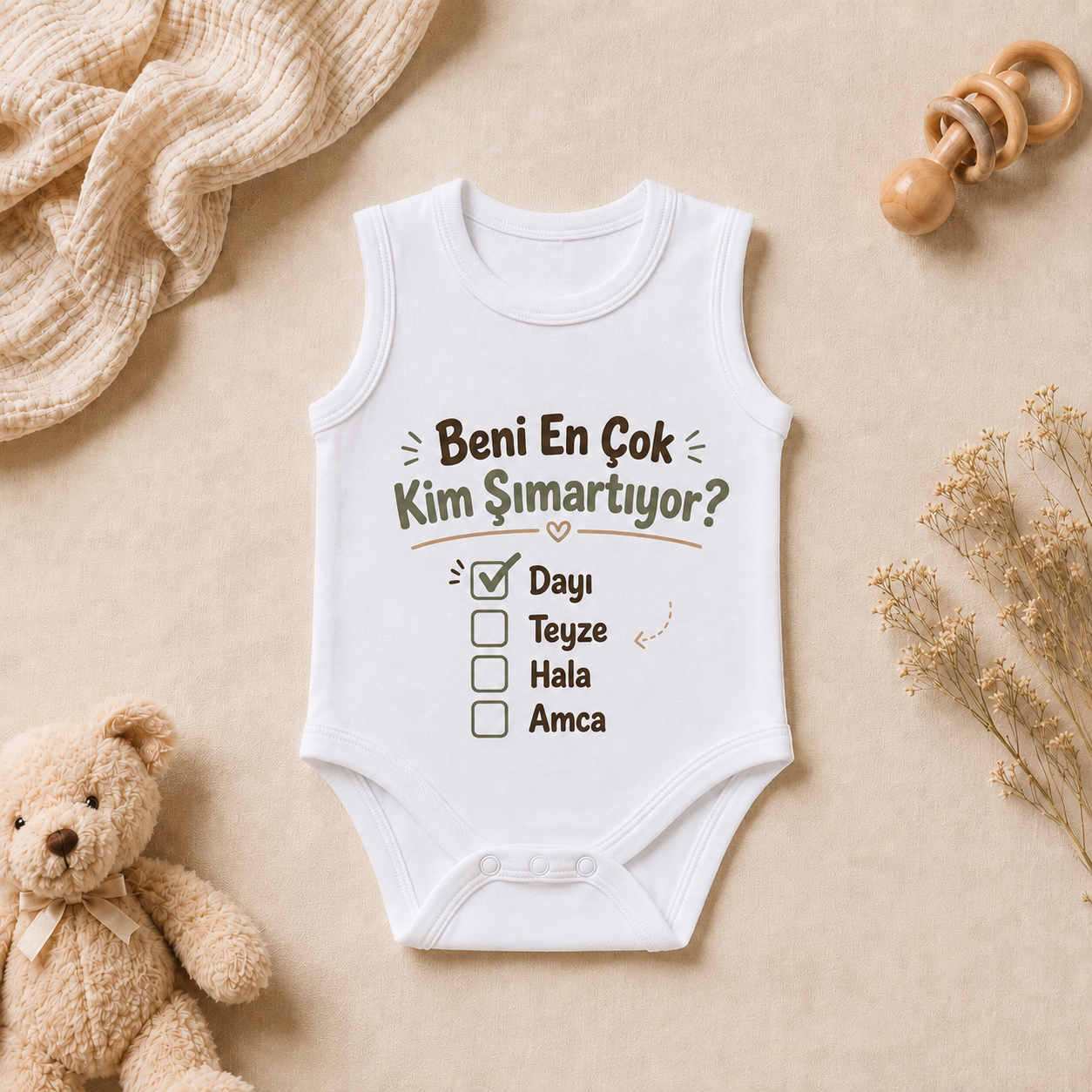 Aile Tasarım Baskılı Kolsuz Bebek Zıbını