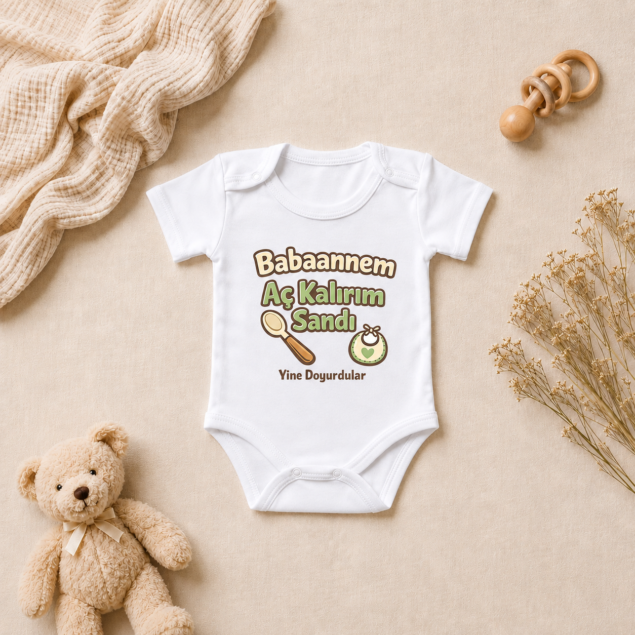 Babaanne-Torun Tasarım Baskılı Kısa Kollu Bebek Zıbını
