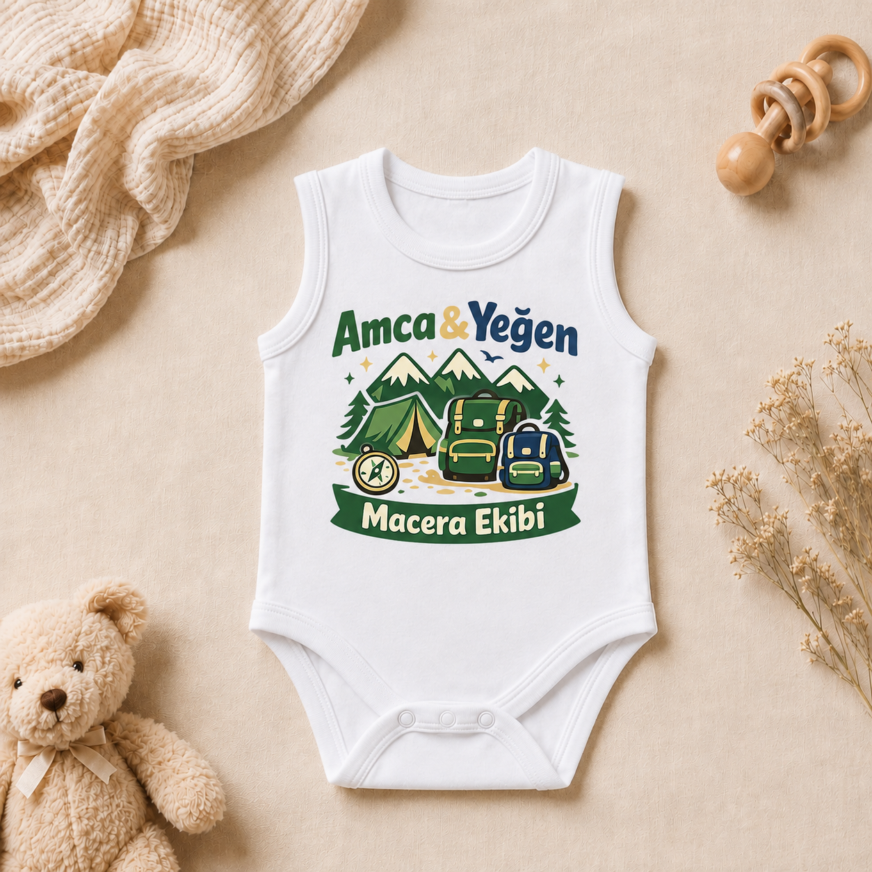 Amca-Yeğen Tasarım Baskılı Kolsuz Bebek Zıbını