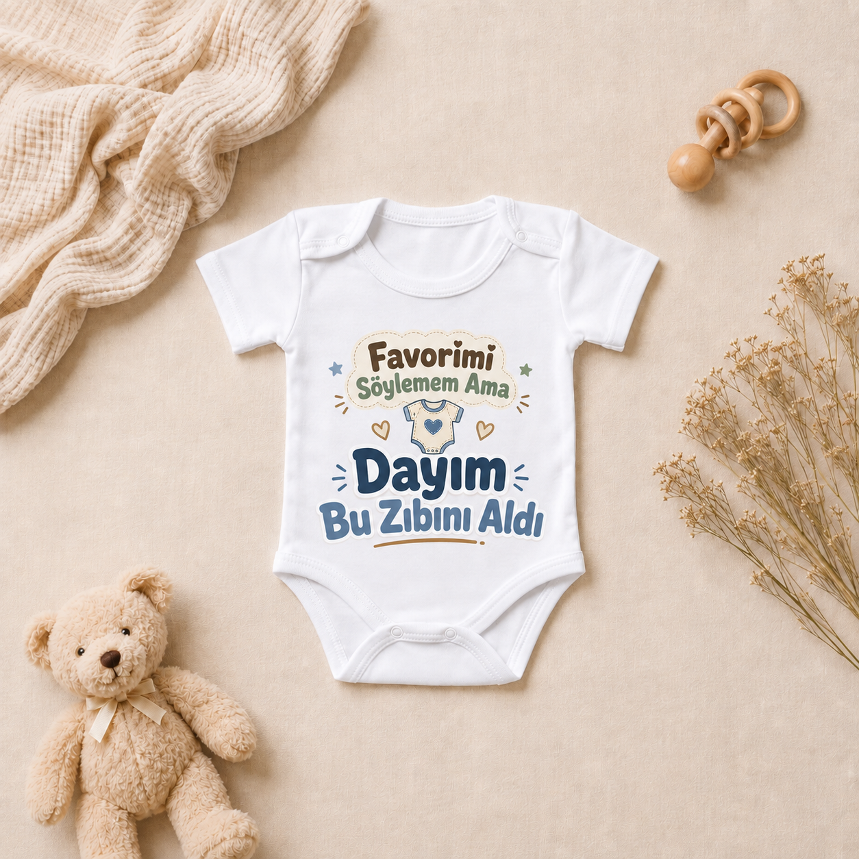 Aile Tasarım Baskılı Kısa Kollu Bebek Zıbını