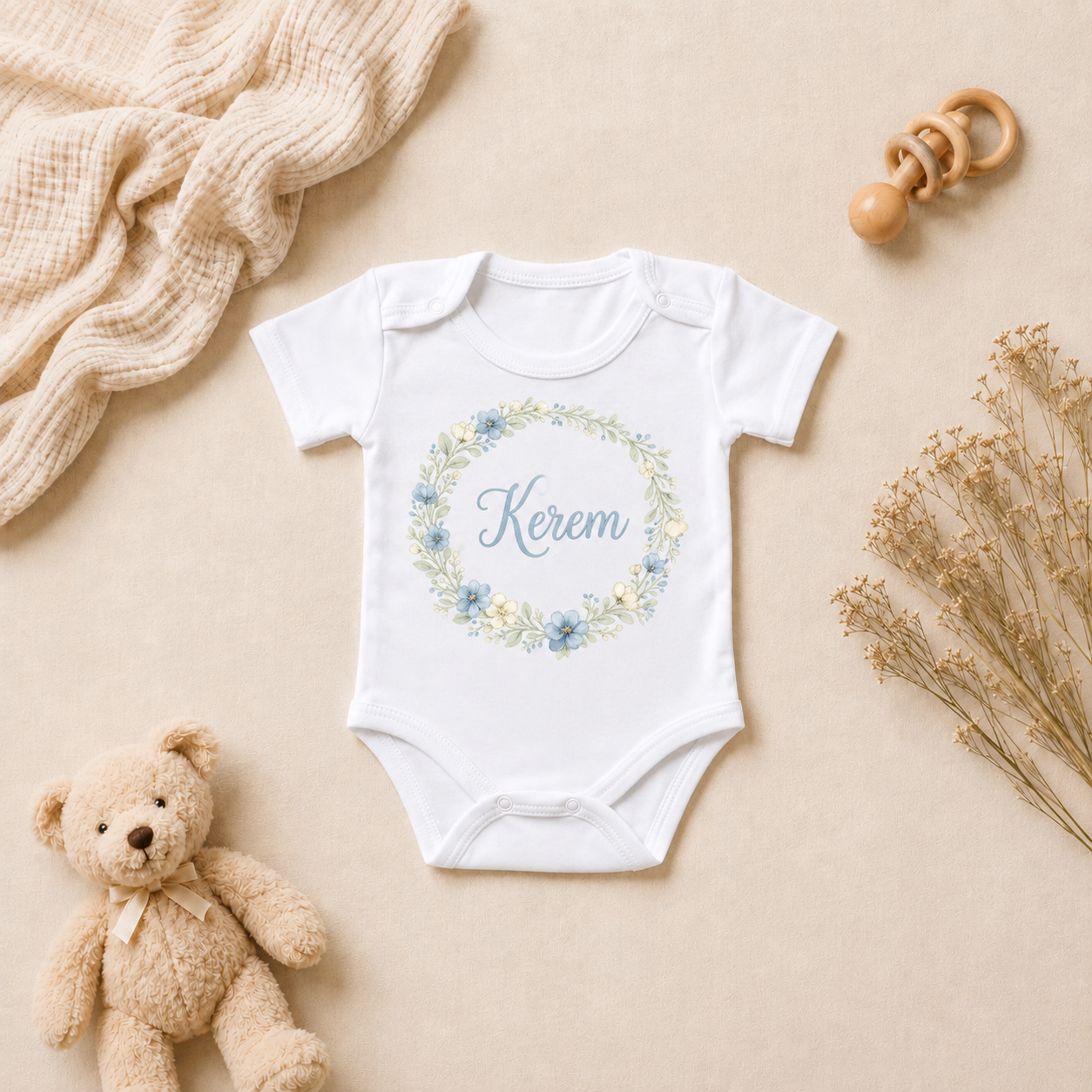 Kerem İsim Baskılı Kısa Kollu Bebek Zıbını