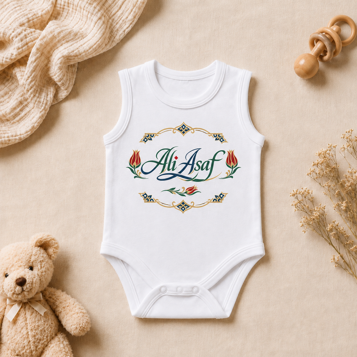 Ali Asaf İsim Baskılı Kolsuz Bebek Zıbını