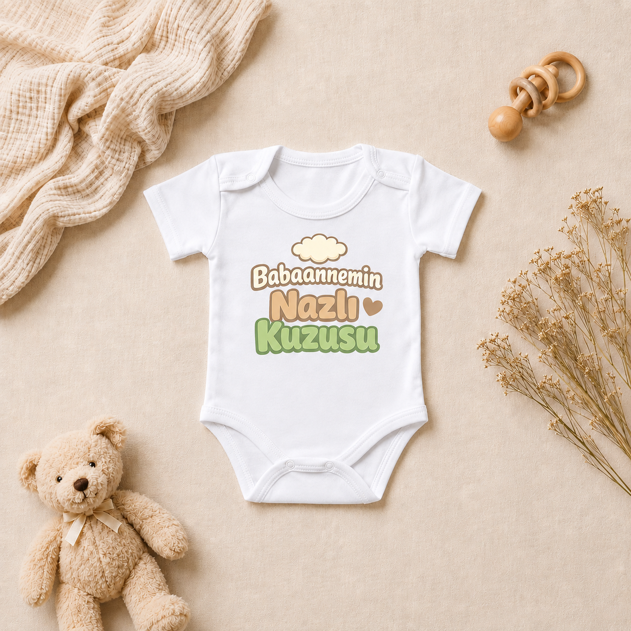Babaanne-Torun Tasarım Baskılı Kısa Kollu Bebek Zıbını