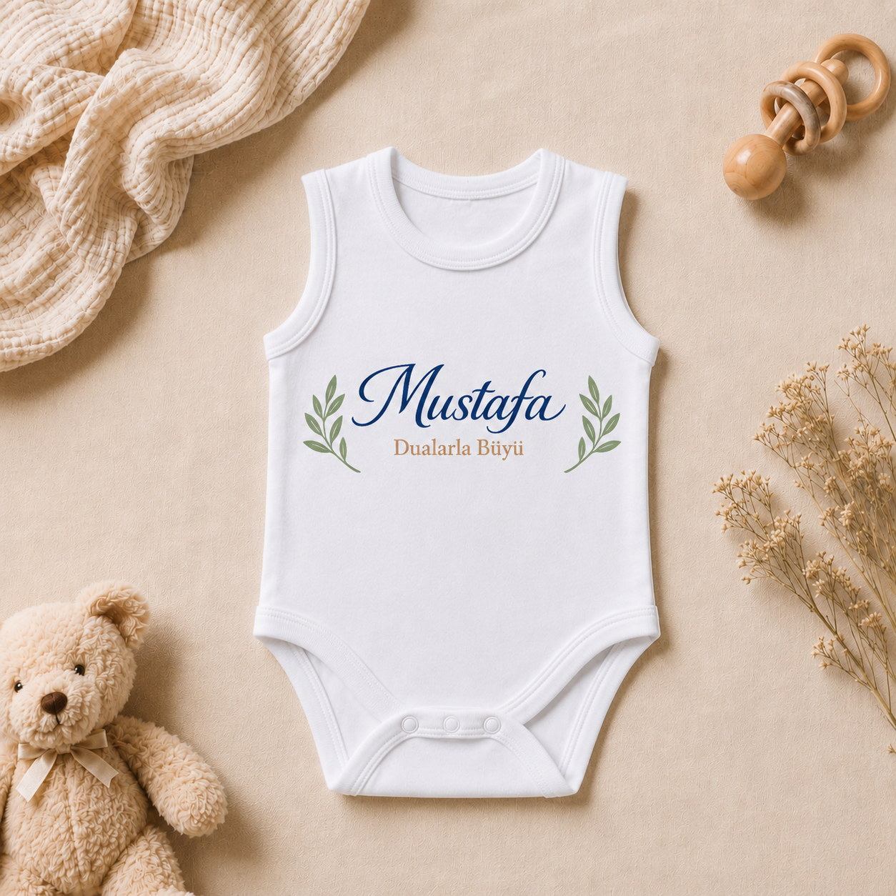 Mustafa İsim Baskılı Kolsuz Bebek Zıbını