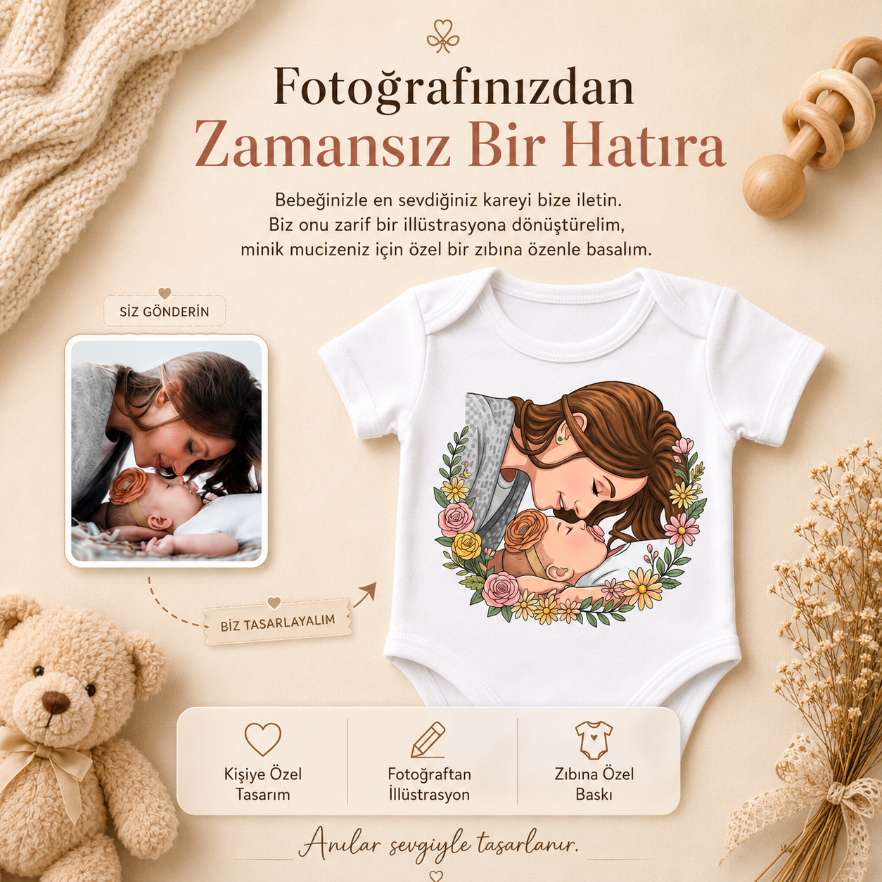 Fotoğrafınızdan Kişiye Özel Bebek Zıbını Kısa Kollu