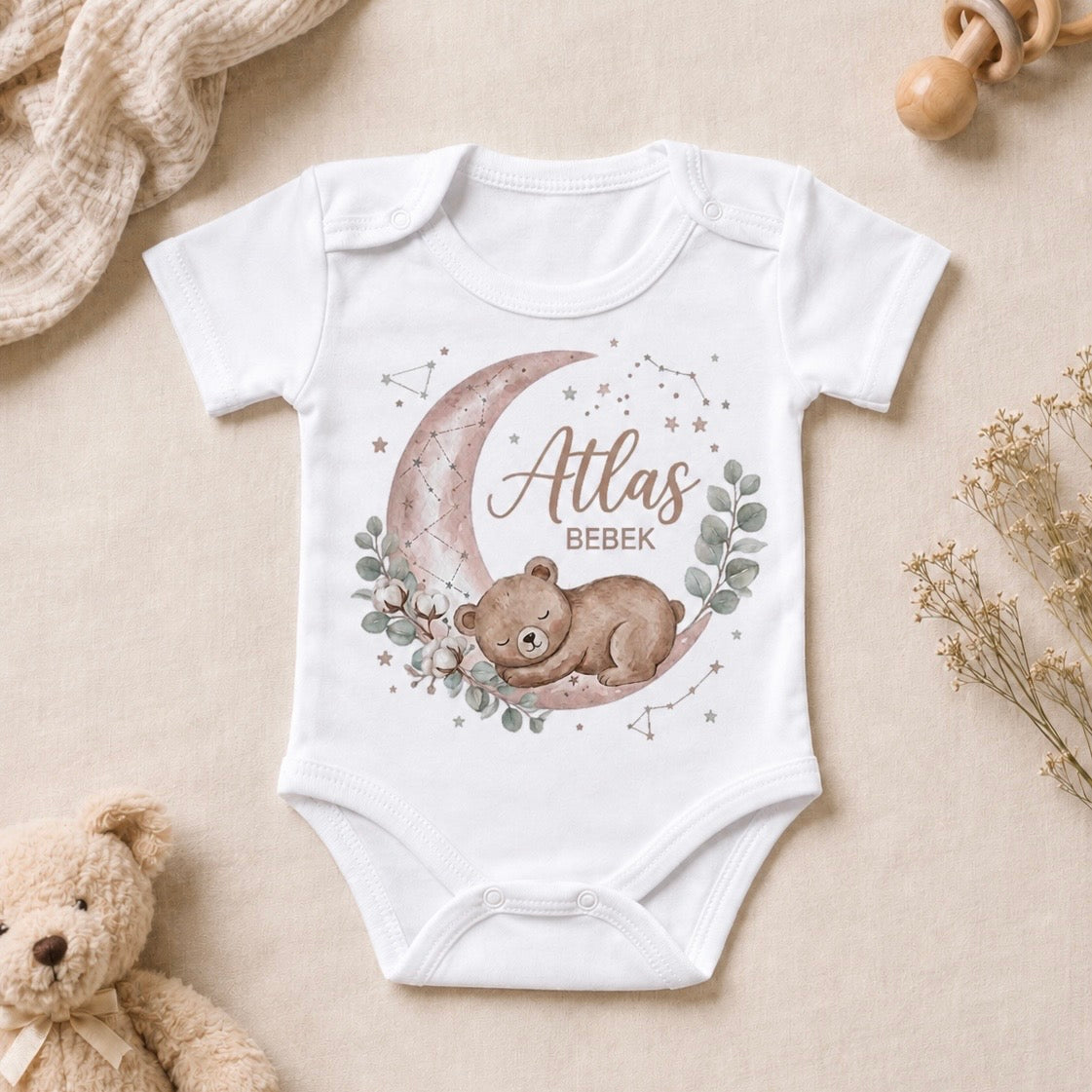 Atlas İsme Özel Tasarım Kısa Kollu Bebek Zıbını