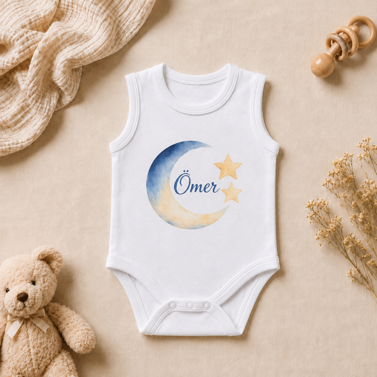 Ömer İsim Baskılı Kolsuz Bebek Zıbını