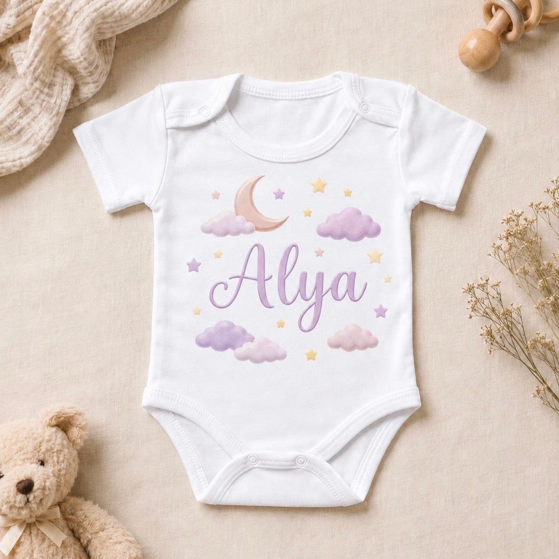 Alya İsme Özel Tasarım Kısa Kollu Bebek Zıbını