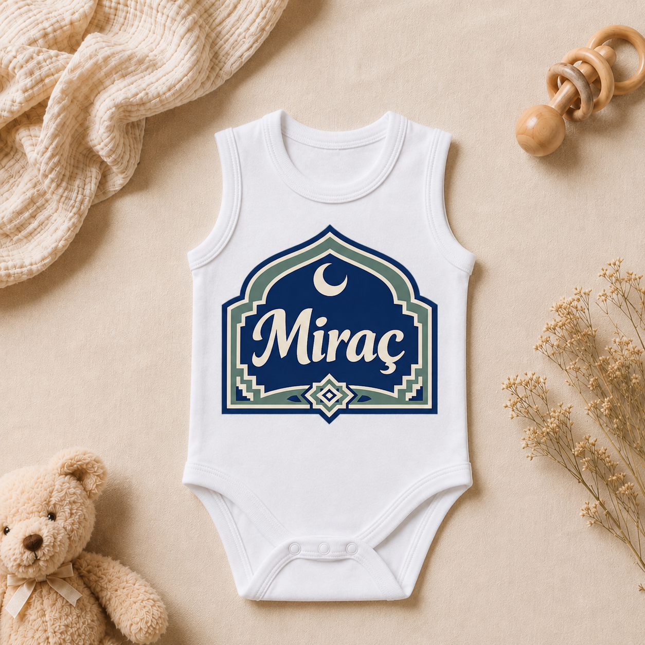 Miraç İsim Baskılı Kolsuz Bebek Zıbını