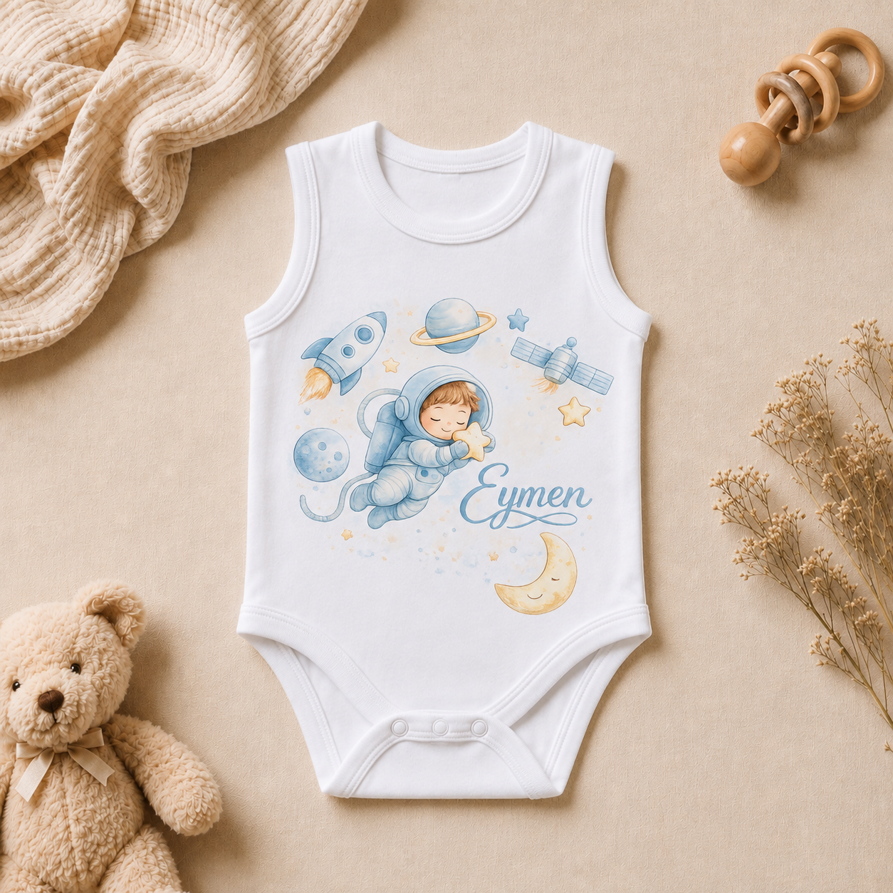Eymen İsim Baskılı Kolsuz Bebek Zıbını