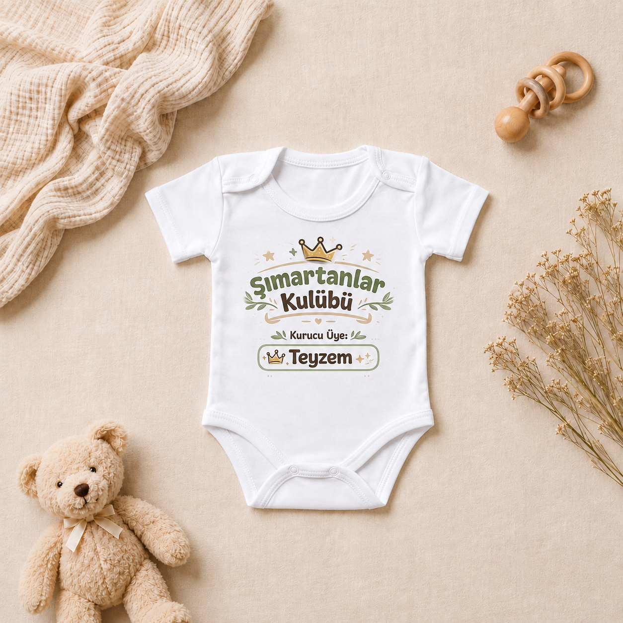 Aile Tasarım Baskılı Kısa Kollu Bebek Zıbını