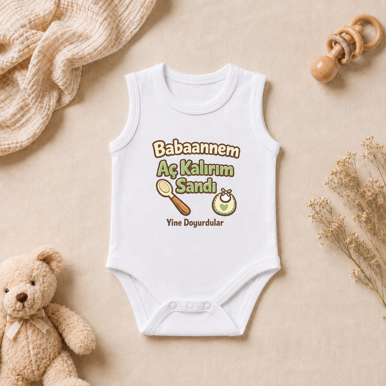 Babaanne-Torun Tasarım Baskılı Kolsuz Bebek Zıbını