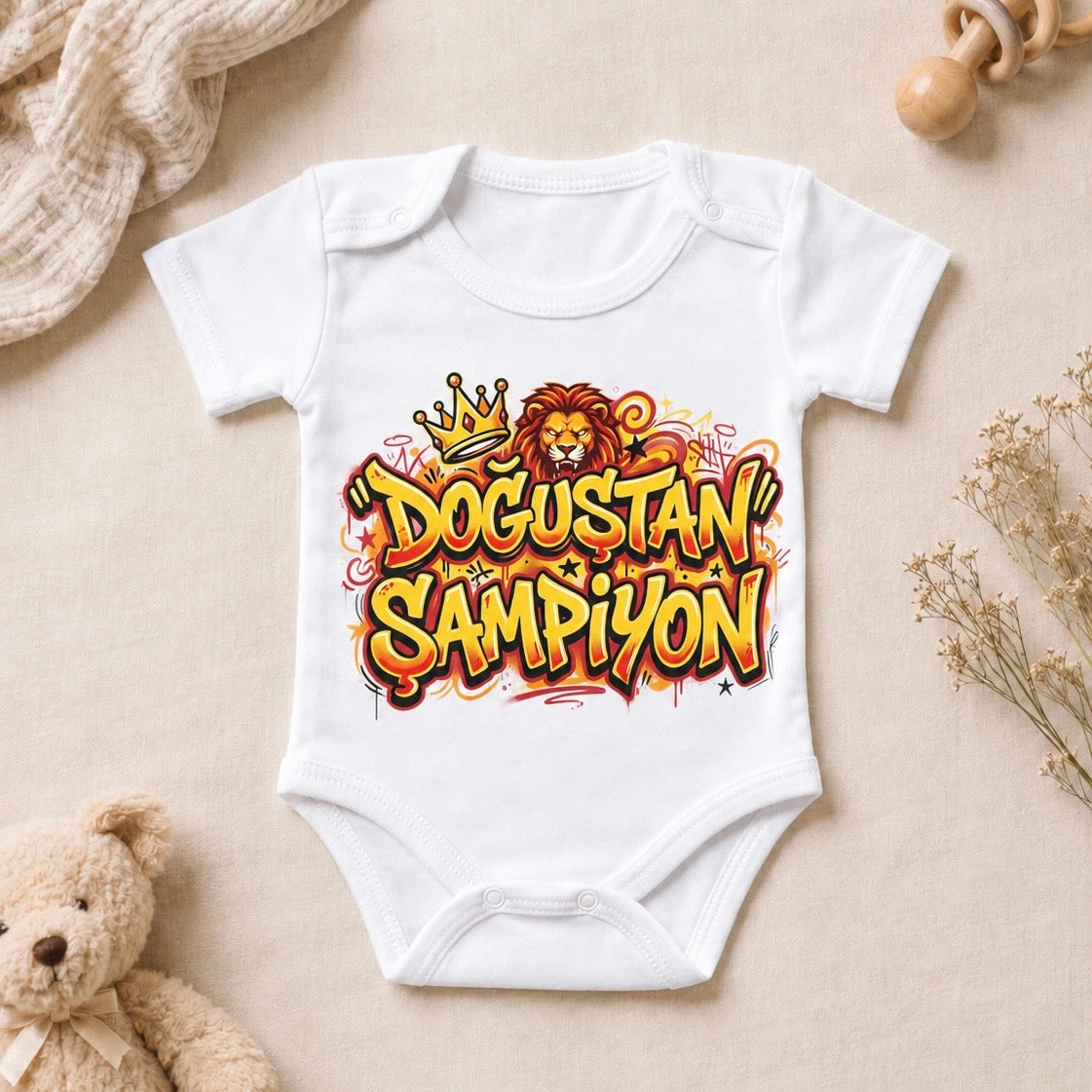 Sarı-Kırmızı Doğuştan Şampiyon Baskılı Kısa Kollu Bebek Zıbını