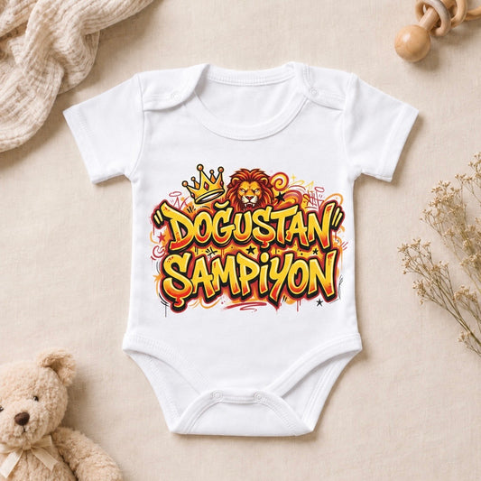 Sarı-Kırmızı Doğuştan Şampiyon Baskılı Kısa Kollu Bebek Zıbını