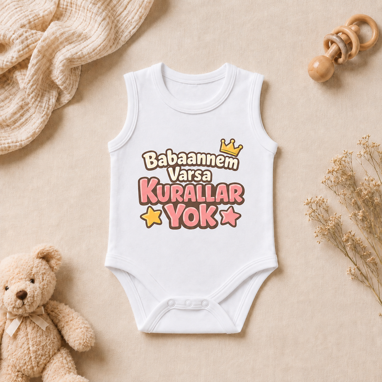 Babaanne-Torun Tasarım Baskılı Kolsuz Bebek Zıbını